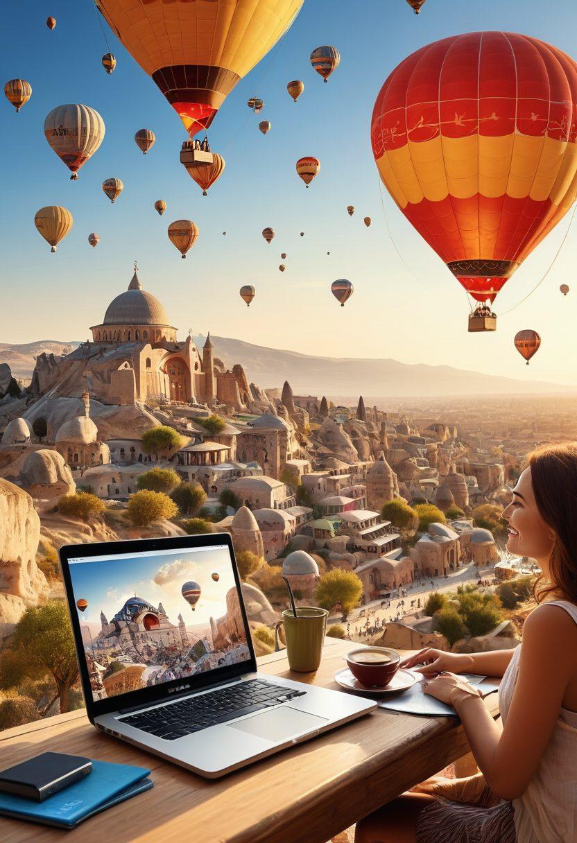 A vibrant travel scene depicting a traveler joyfully booking flights online on a laptop, surrounded by iconic Turkish landmarks like the Hagia Sophia and hot air balloons in Cappadocia. Maps and travel guides are scattered around, suggesting adventure planning. Include a bright sunlight effect to evoke excitement and wanderlust. super-realistic. vibrant colors. white background.