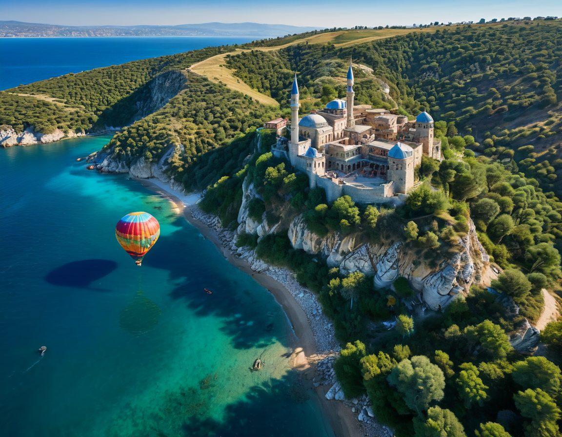 A stunning aerial view of a hidden gem in Turkey, featuring lush green hills, ancient ruins peeking through the trees, and a serene turquoise coastline. Add a vibrant hot air balloon floating in the sky, symbolizing adventure. Include traditional Turkish elements like a colorful bazaar or a minaret in the foreground. 3D. vibrant colors. super-realistic.