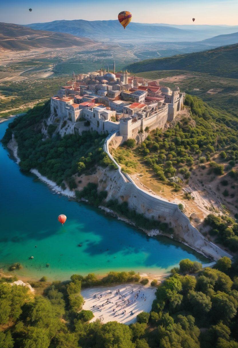 A breathtaking aerial view of a vibrant Turkish landscape, featuring the stunning coastline, ancient ruins, and lush green hills. In the foreground, a traveler joyfully planning their adventure with a map and camera, surrounded by iconic Turkish landmarks. The sky is filled with colorful hot air balloons floating gently. The image should evoke a sense of wanderlust and exploration. super-realistic. vibrant colors.